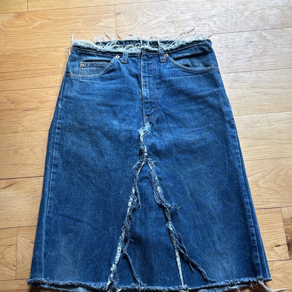 Levi's Distressed Dark Blue Denim Midi Skirt reworked vintage